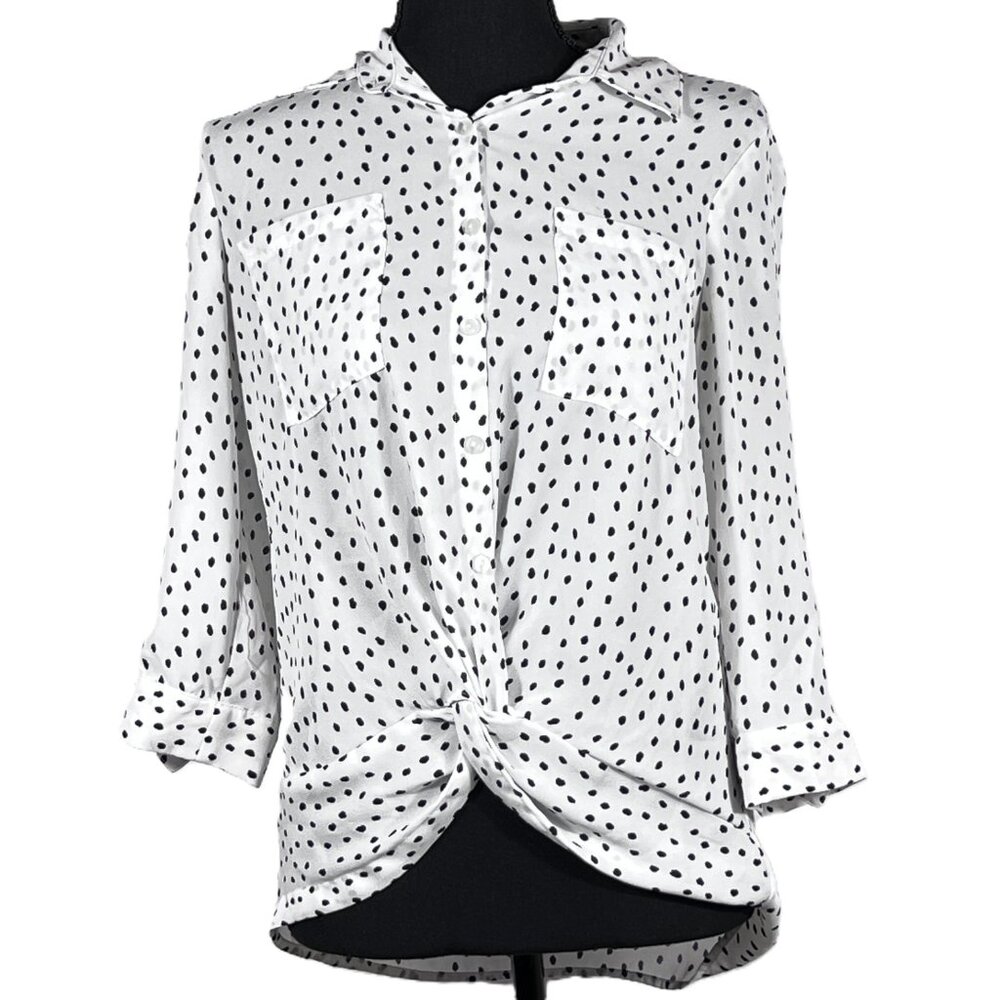 IZ BYER Women's White/Black, Polka Dot, Button Up, Twisted Mid Drift - XS